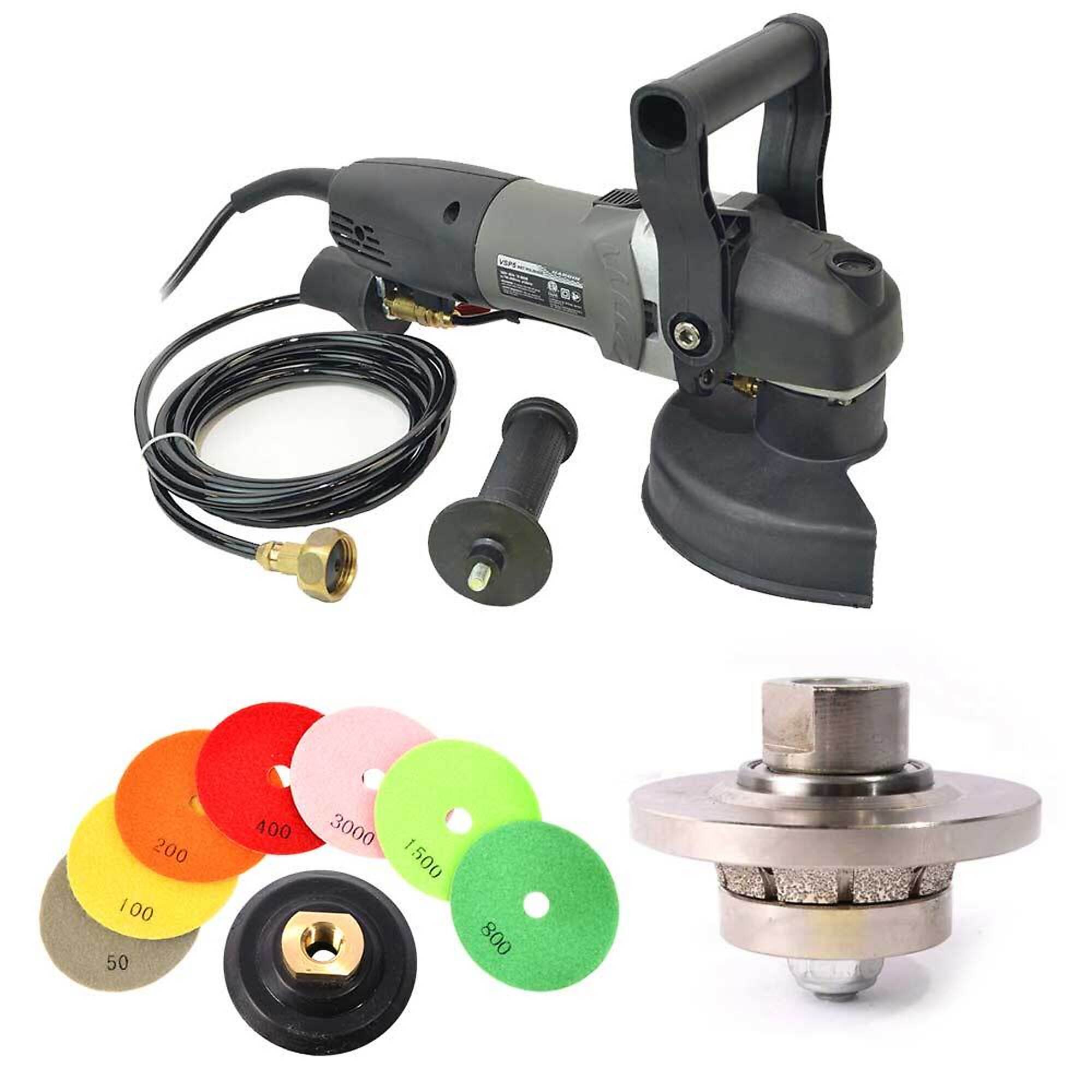 Hardin BRT38POLSET VSP5 5 Inch Var Speed Polisher, 45° 3/8 Inch Diamond Profile Wheel and 8 pc 5 Inch Diamond Polishing Pad Set